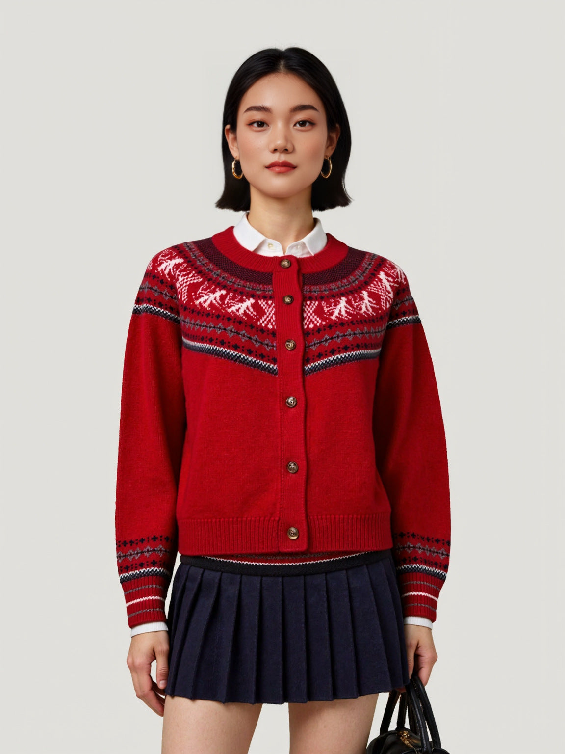 Fair Isle Jacquard Knit Women's Autumn Winter Round Neck Loose Lazy Style Cardigan Jacket