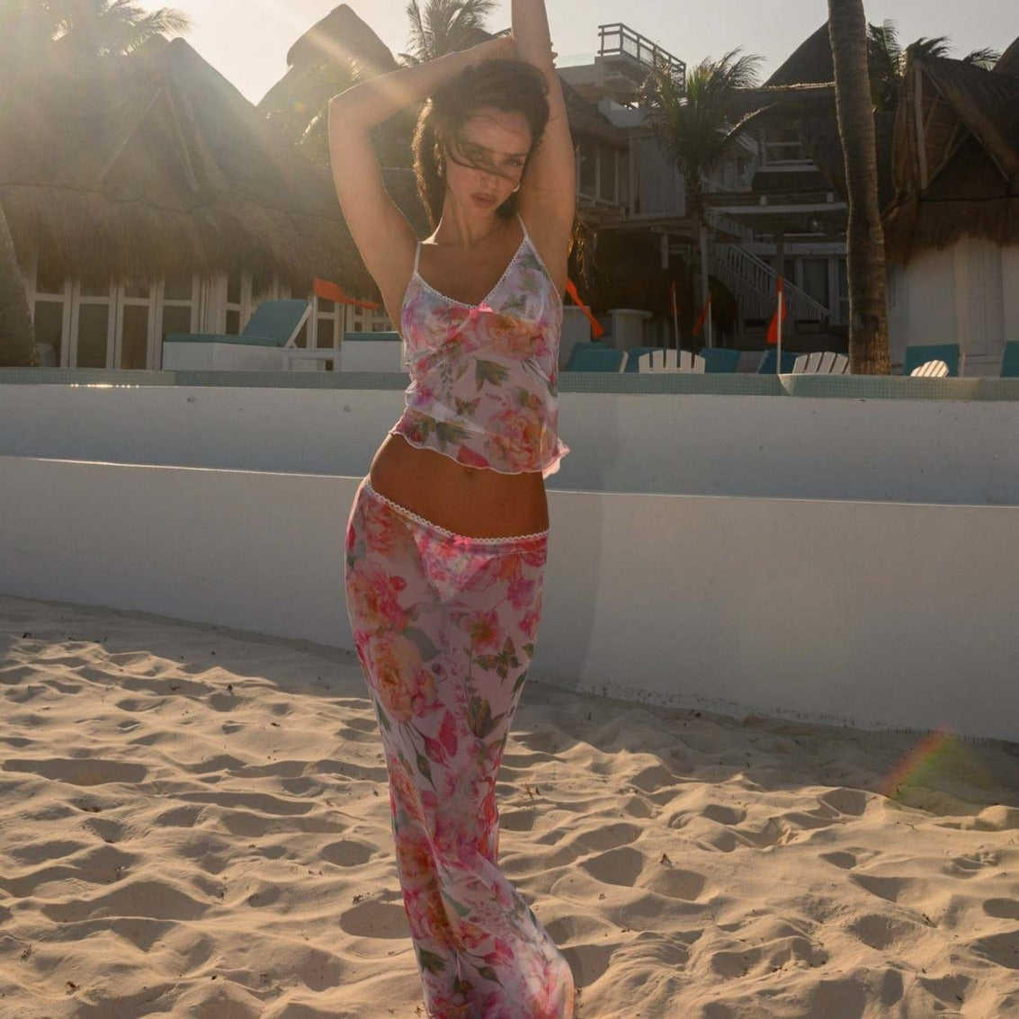 European and American Style Floral Mesh Strapless Beach Dress Cross-border Separated Sexy Bow Lace Hem Dress Set
