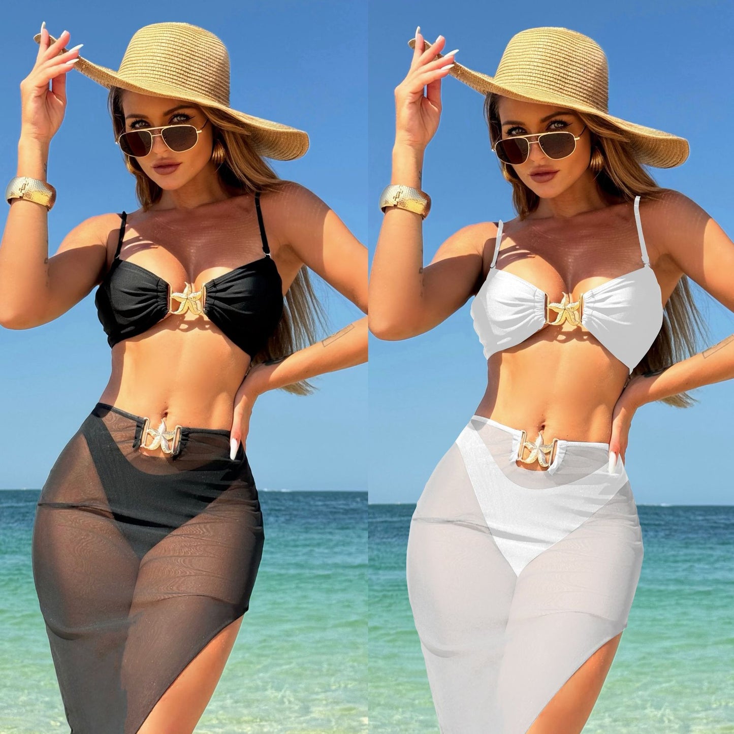 Sexy Solid Color Three-Piece Mesh Long Dress Swimsuit Bikini