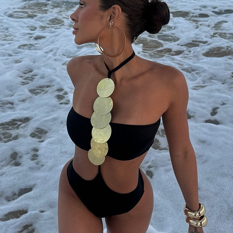 Cross-border Sexy Beach Swimsuit Accessories One-piece Swimsuit Halter Solid Color