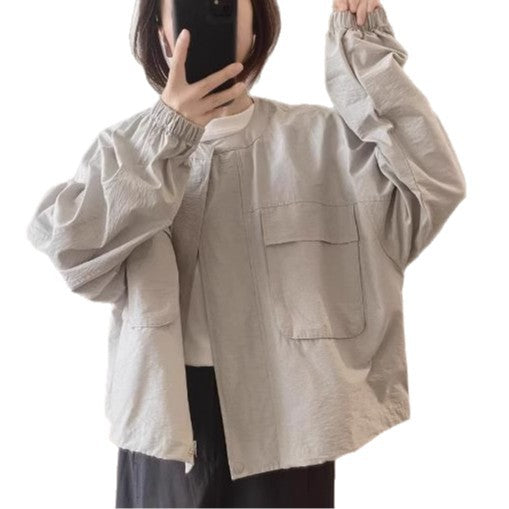 Round Neck Shirt Women's Spring Autumn New Loose Slimming Korean Version Simple Unique Design Age-Reducing Pocket Top