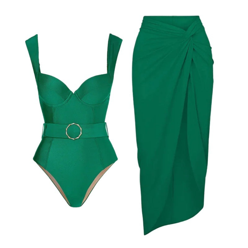 Solid Color Backless Belt Simple Elegant One-Piece Swimsuit Women's New Foreign Trade Cross-Border Swimwear