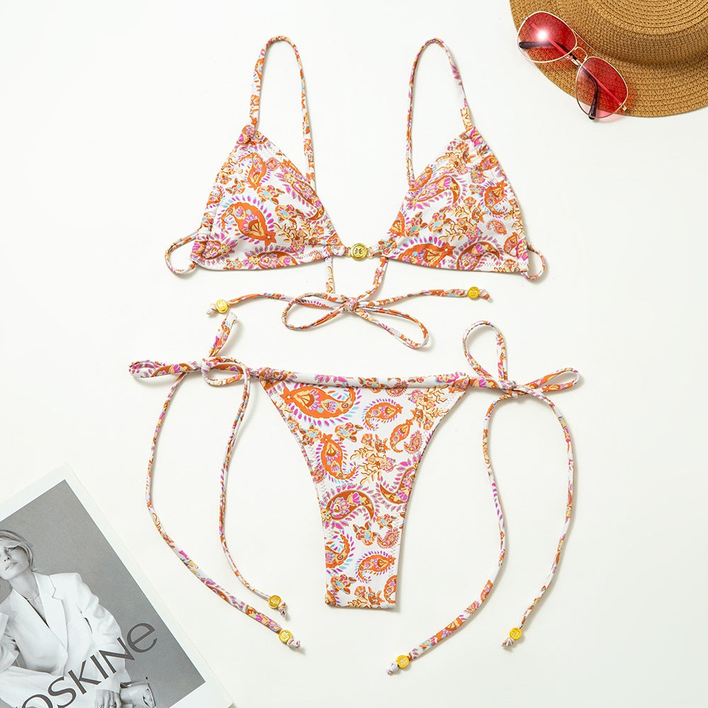 New European and American Fresh Print Two-Piece Swimsuit for Women Sexy Strapless Backless Bikini