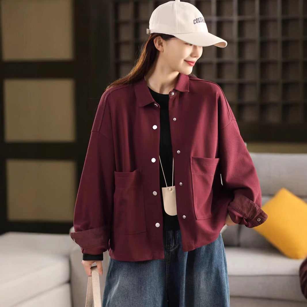 Literary Large Pocket Women's Single Breasted Notched Lapel Long Sleeve Cardigan Casual Outerwear