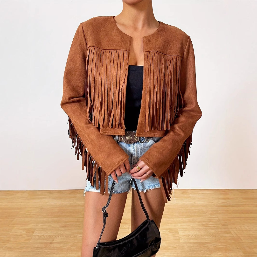 Women's Short Solid Color Loose Retro Street Tassel Jacket