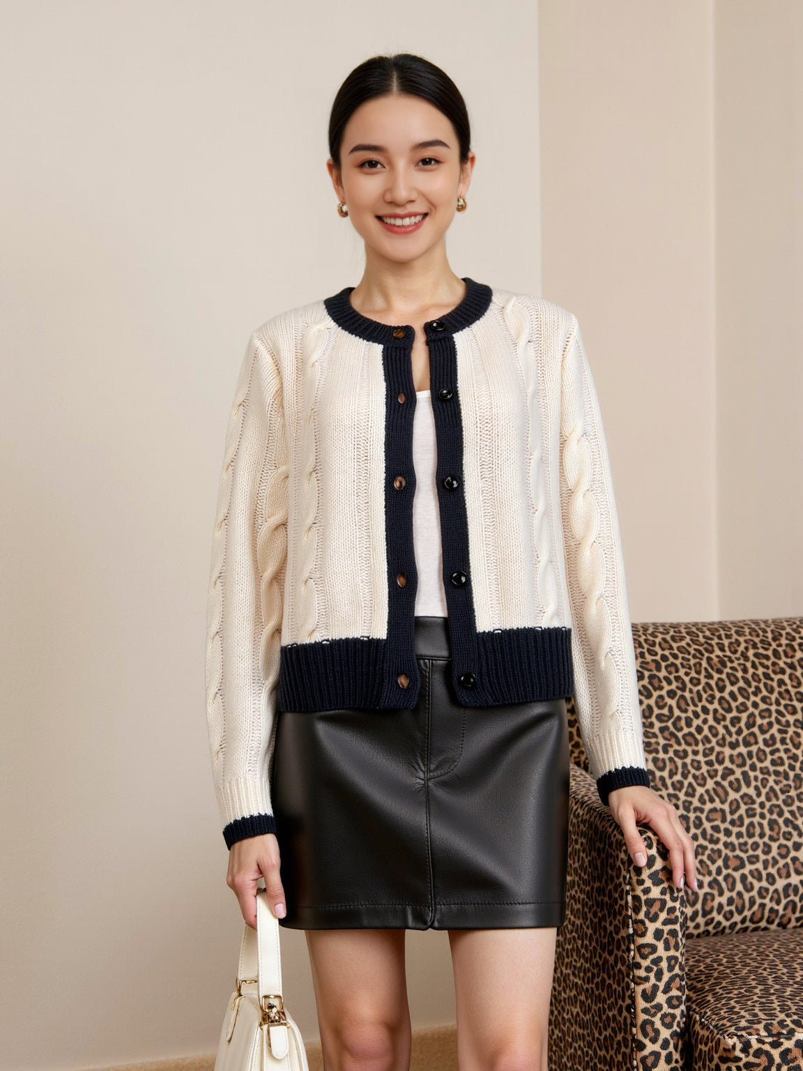 Retro Cable Knit Cardigan Colorblock Elegant Round Neck Full Wool Long Sleeve Sweater Versatile Top