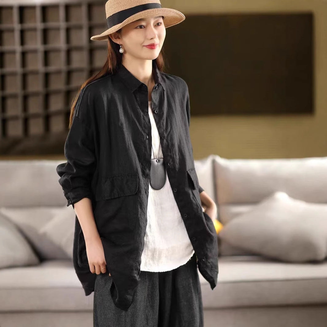 Linen Shirt Women Vintage Sand-Washed Mid-Length Large Pocket Loose Cardigan Outerwear Top