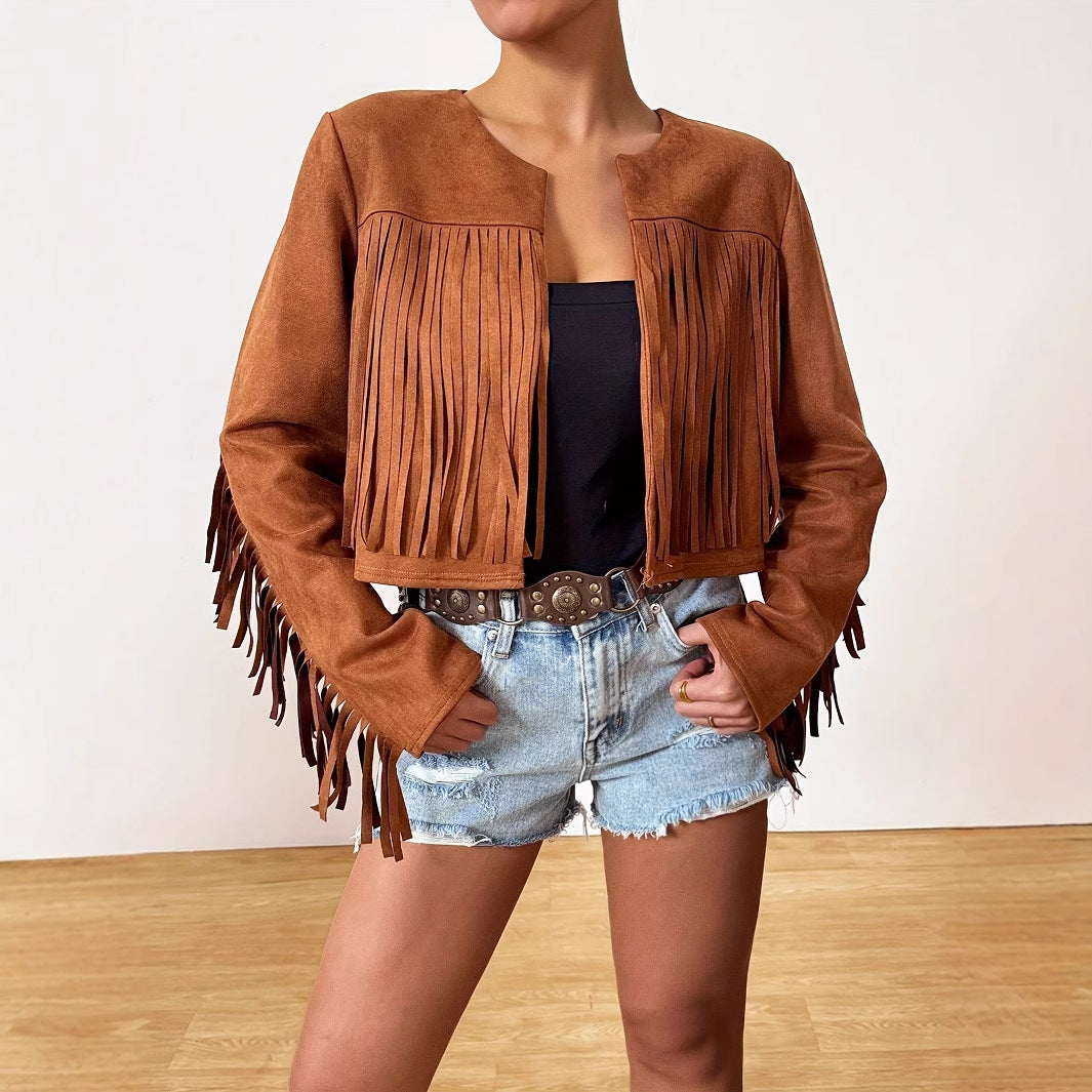 Women's Short Solid Color Loose Retro Street Tassel Jacket