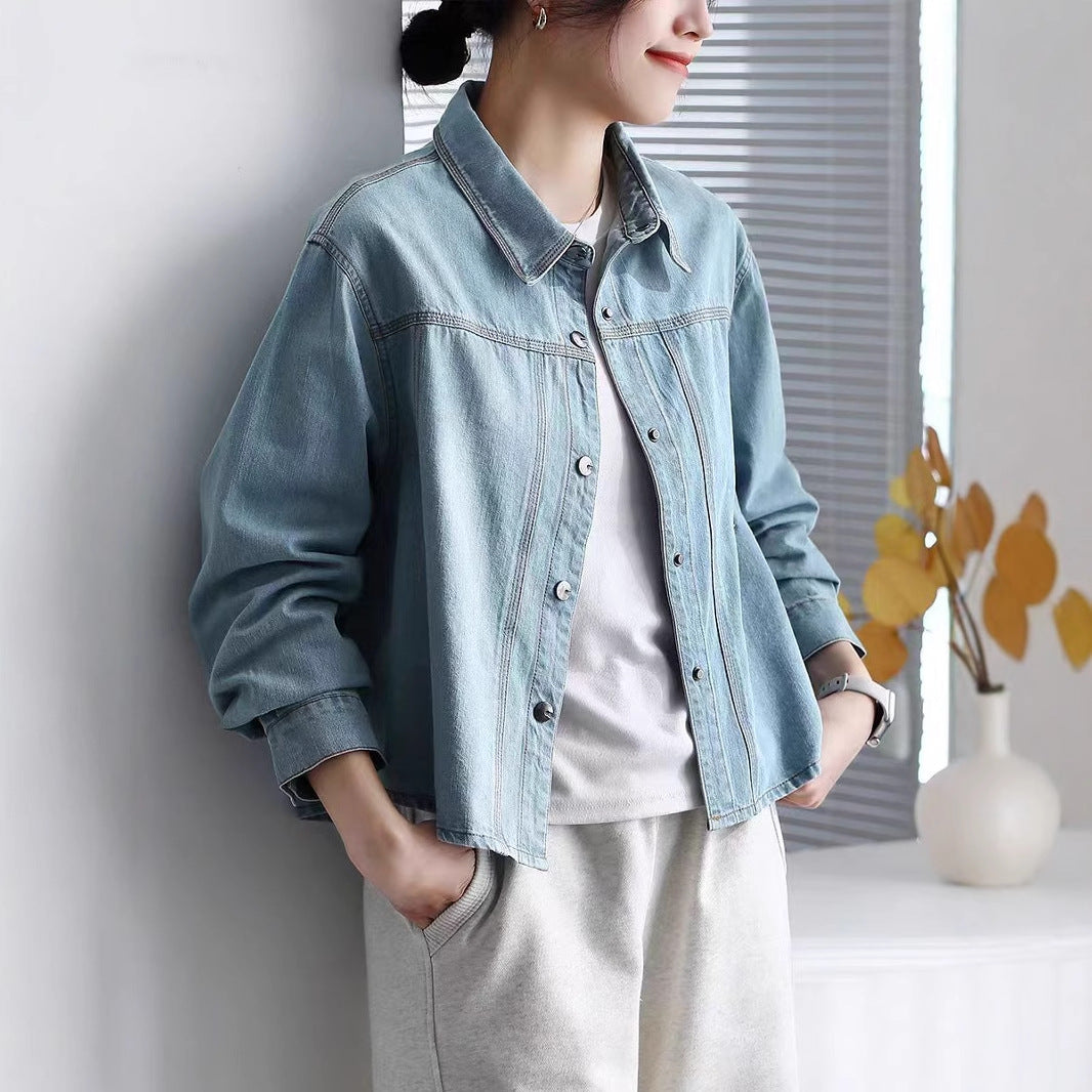 Short Denim Jacket Women's Turn-down Collar Casual Versatile Loose Slim Fit Korean Style Shirt