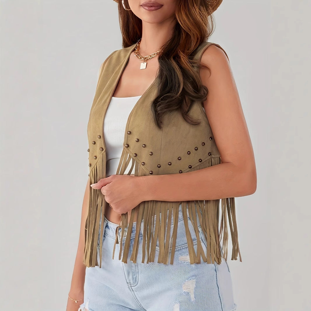 Women's Solid Color Sleeveless Faux Suede Fringe Jacket Cardigan