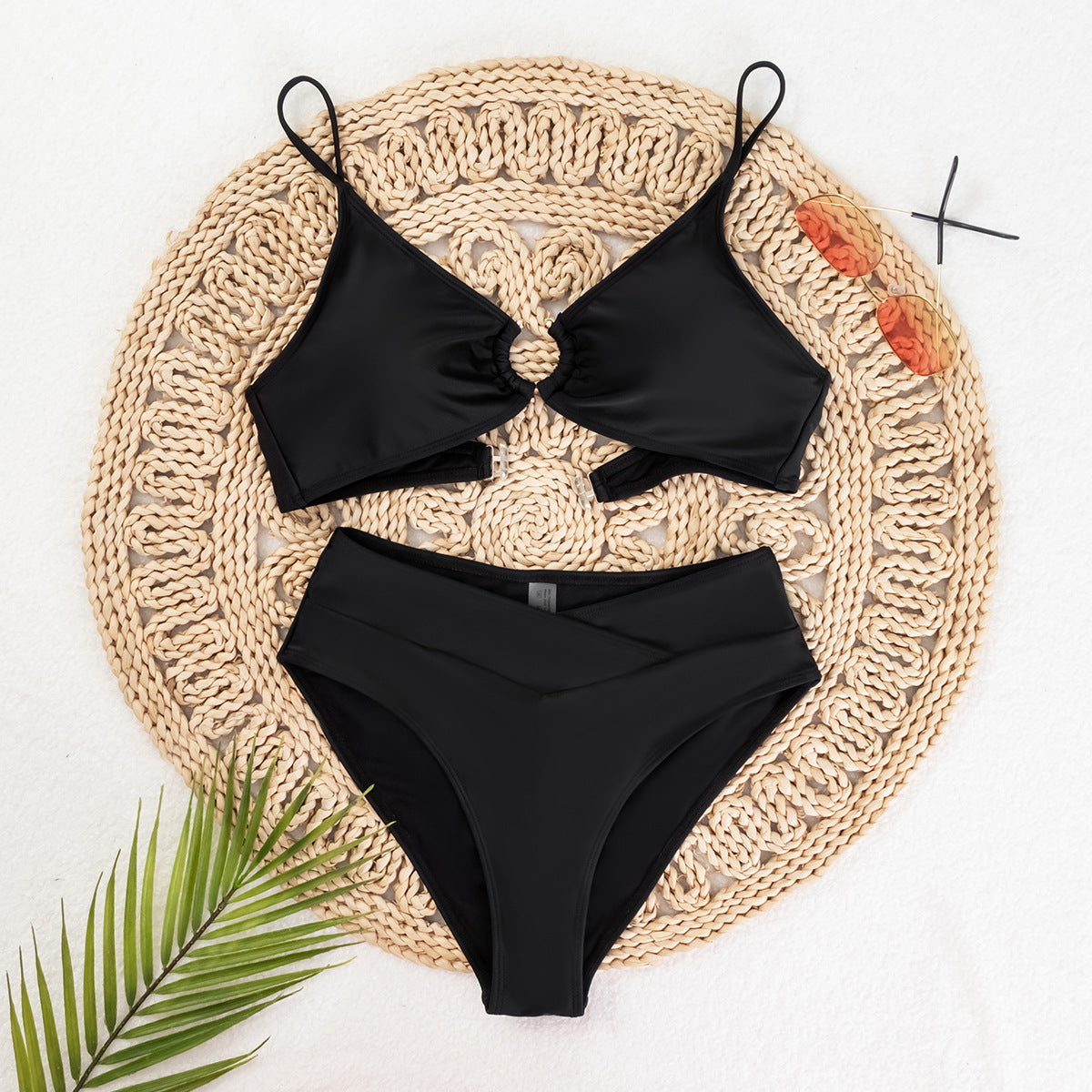 Solid Color Pleated High-Waist Sexy Bikini Two-Piece Swimsuit