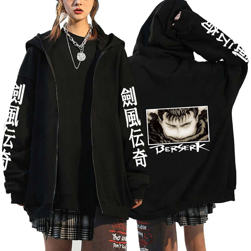Anime Berserk Pattern Printed Hooded Sweatshirt for Men and Women Long Sleeve Casual Zip-Up Top