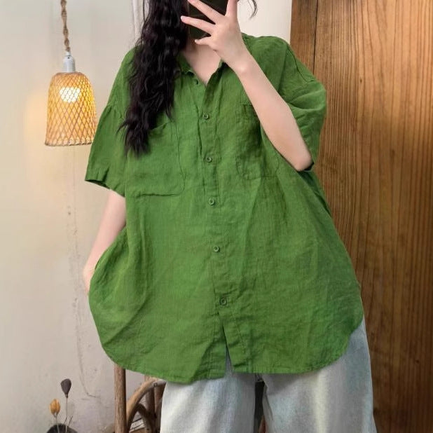 Casual Versatile Sand-Washed Linen Buttoned Short-Sleeved Shirt with Turn-Down Collar for Women