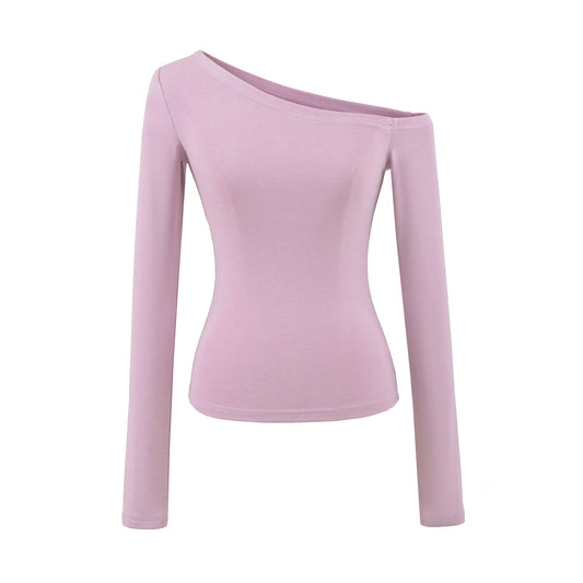Off-the-Shoulder Fitted Knit Long Sleeve Top T-Shirt