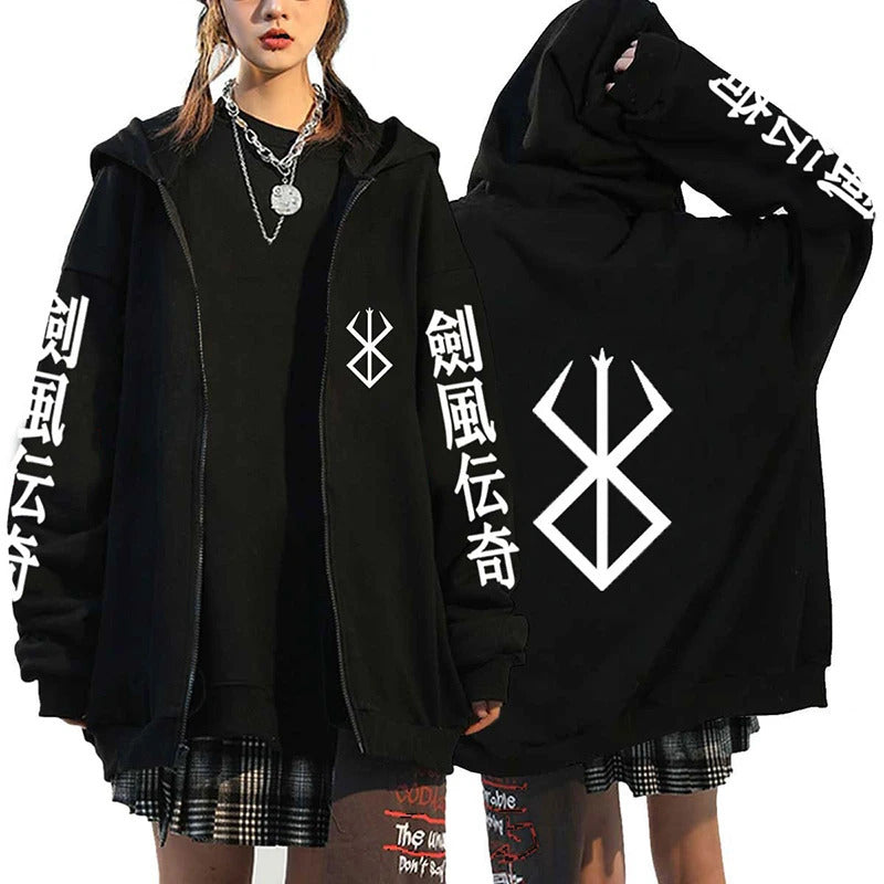 Anime Berserk Pattern Printed Hooded Sweatshirt for Men and Women Long Sleeve Casual Zip-Up Top