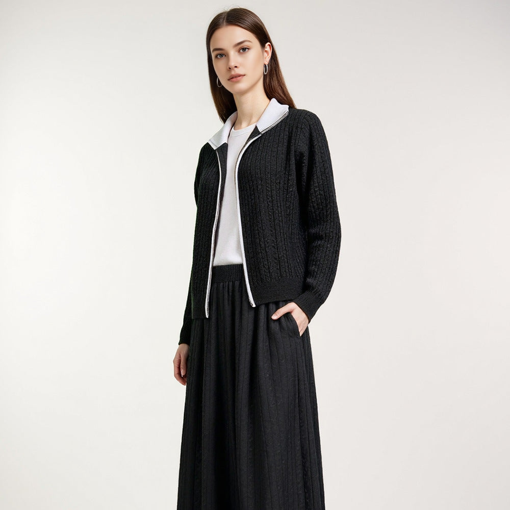 Elegant Contrast Color Knit Cardigan Women's Versatile Comfortable Turn-Down Collar Long Sleeve Cable Knit Sweater Jacket