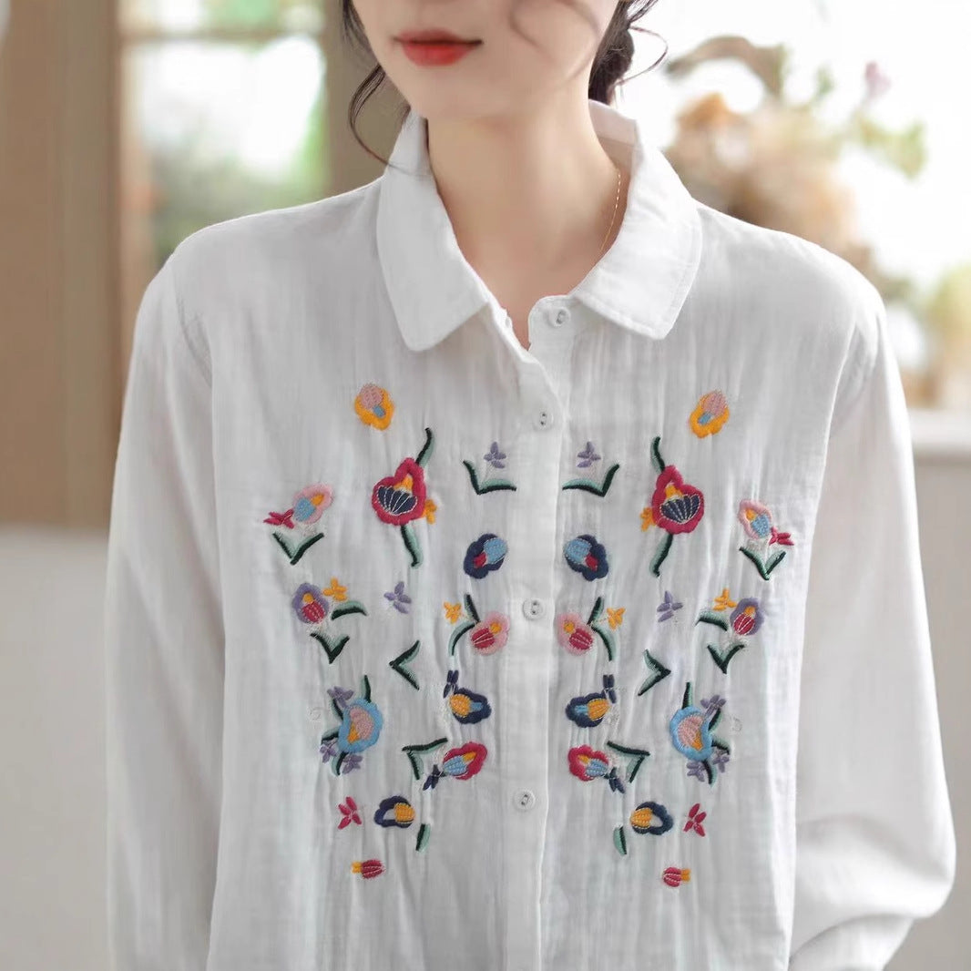 New Women's White Spring Casual Embroidered Simple Long Sleeve Turn-Down Collar Double Layer Cotton Gauze Blouse