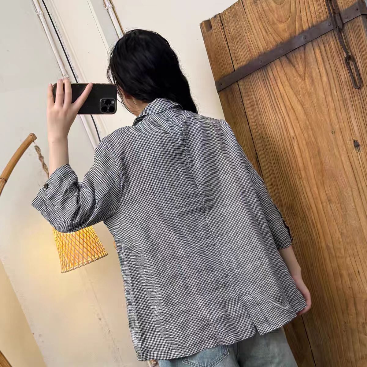 Casual Versatile Simple Color Woven Linen Plaid Button-Down Notched Collar Blazer Women