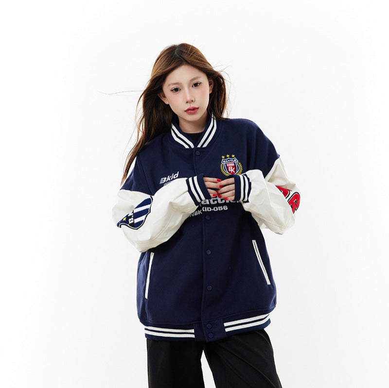 Alphabet PU leather patchwork contrasting baseball jersey
