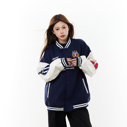 Alphabet PU leather patchwork contrasting baseball jersey