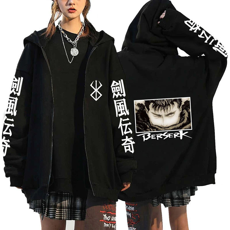 Anime Berserk Pattern Printed Hooded Sweatshirt for Men and Women Long Sleeve Casual Zip-Up Top