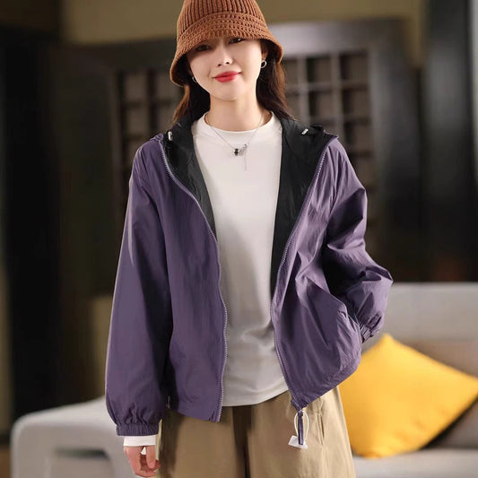 Reversible Women's Cotton Fashion Drawstring Hem Open Front Cardigan Windbreaker