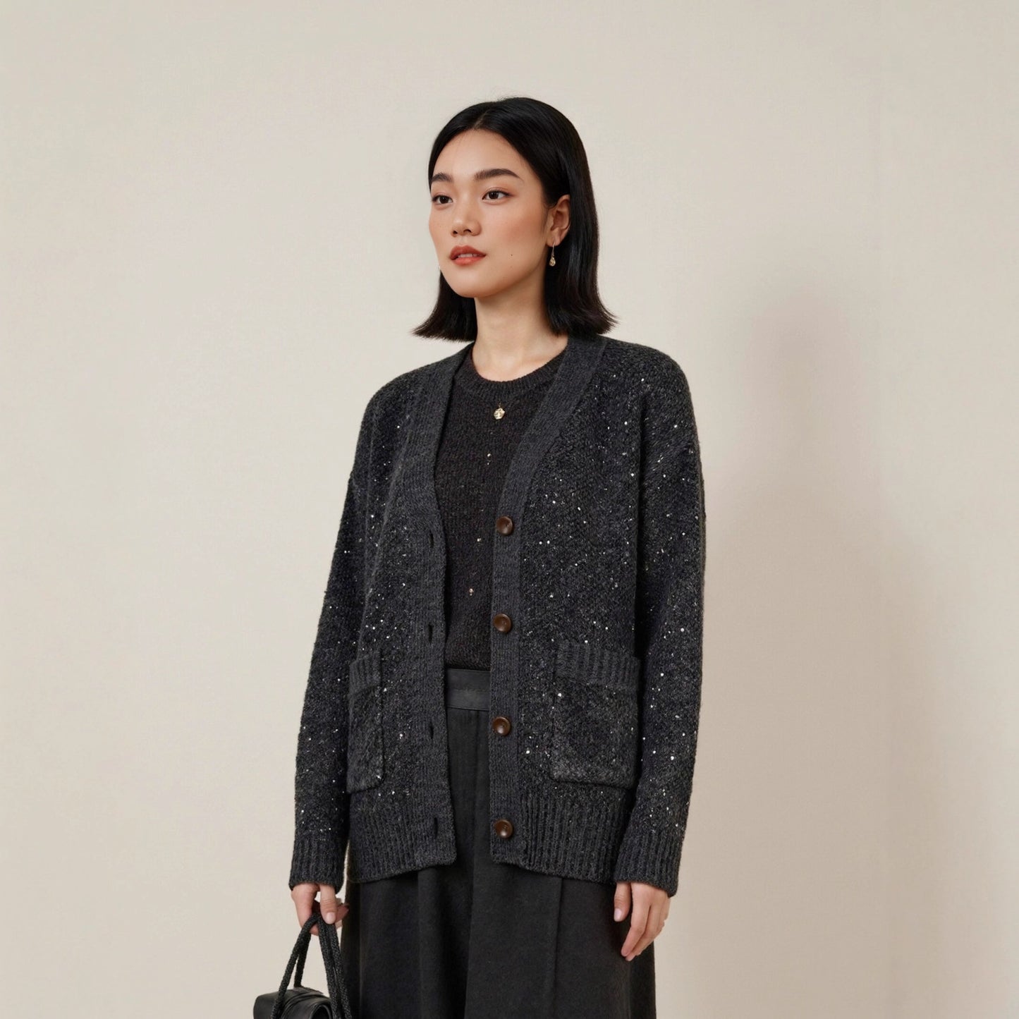 Sequin Design Long Sleeve Sweater Knit Cardigan Women's Heavyweight Thick Casual Loose Top