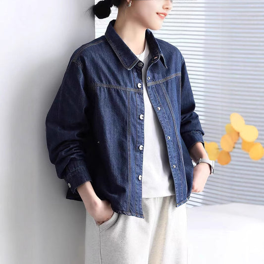 Short Denim Jacket Women's Turn-down Collar Casual Versatile Loose Slim Fit Korean Style Shirt