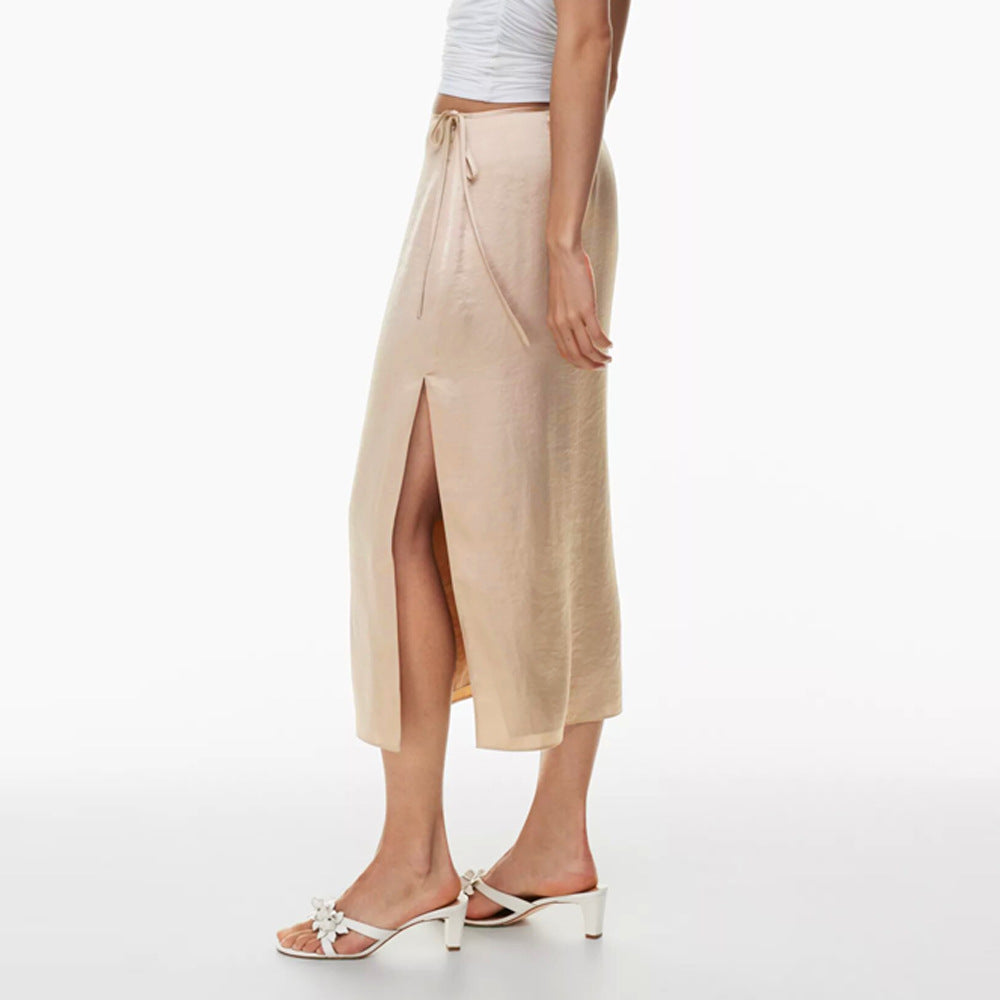 Women's Belted Skirt High Waist Slit Straight Skirt
