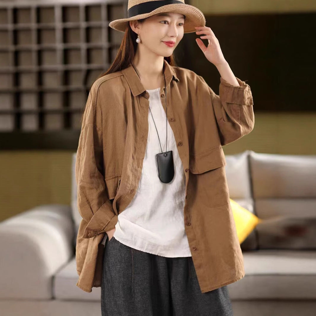 Linen Shirt Women Vintage Sand-Washed Mid-Length Large Pocket Loose Cardigan Outerwear Top