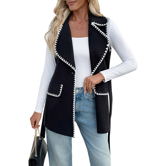 Belted Cardigan Collar Colorblock Trim Vest Jacket Women