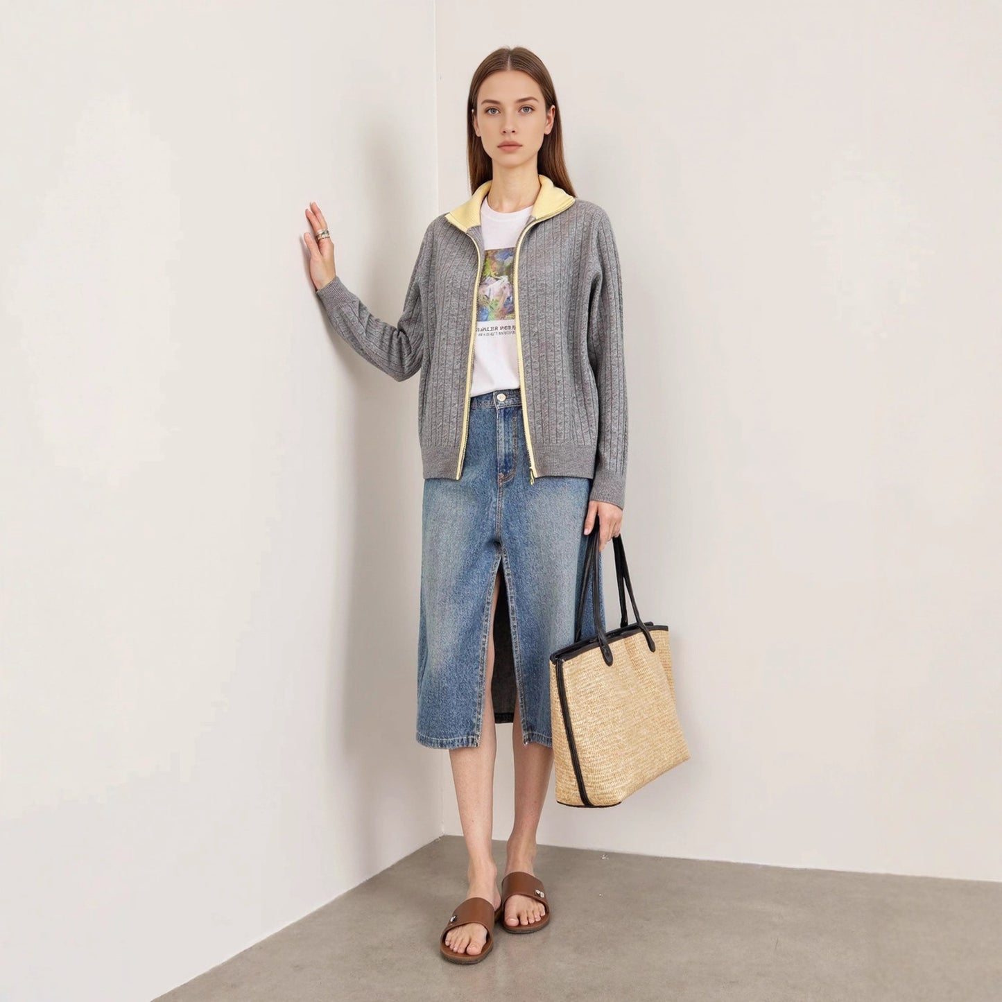 Elegant Contrast Color Knit Cardigan Women's Versatile Comfortable Turn-Down Collar Long Sleeve Cable Knit Sweater Jacket