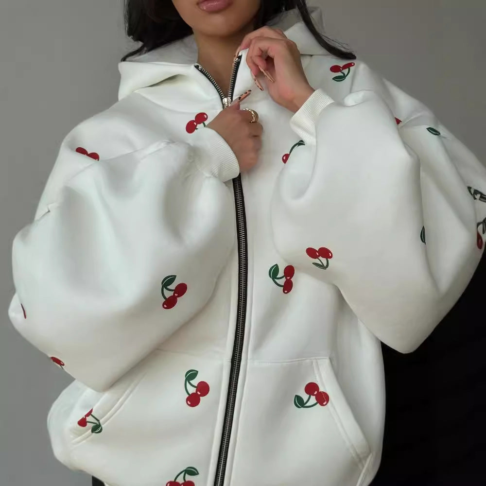 Cherry Print Hooded Zip-Up Sweatshirt Jacket Street Style Fashion Casual Women's Hoodie