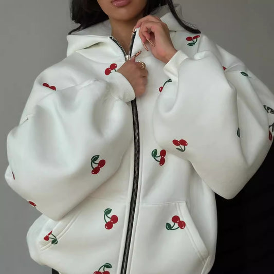 Cherry Print Hooded Zip-Up Sweatshirt Jacket Street Style Fashion Casual Women's Hoodie