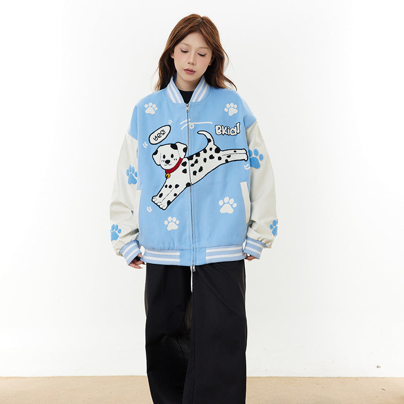 Spotted dog paw embroidered plush jacket jacket