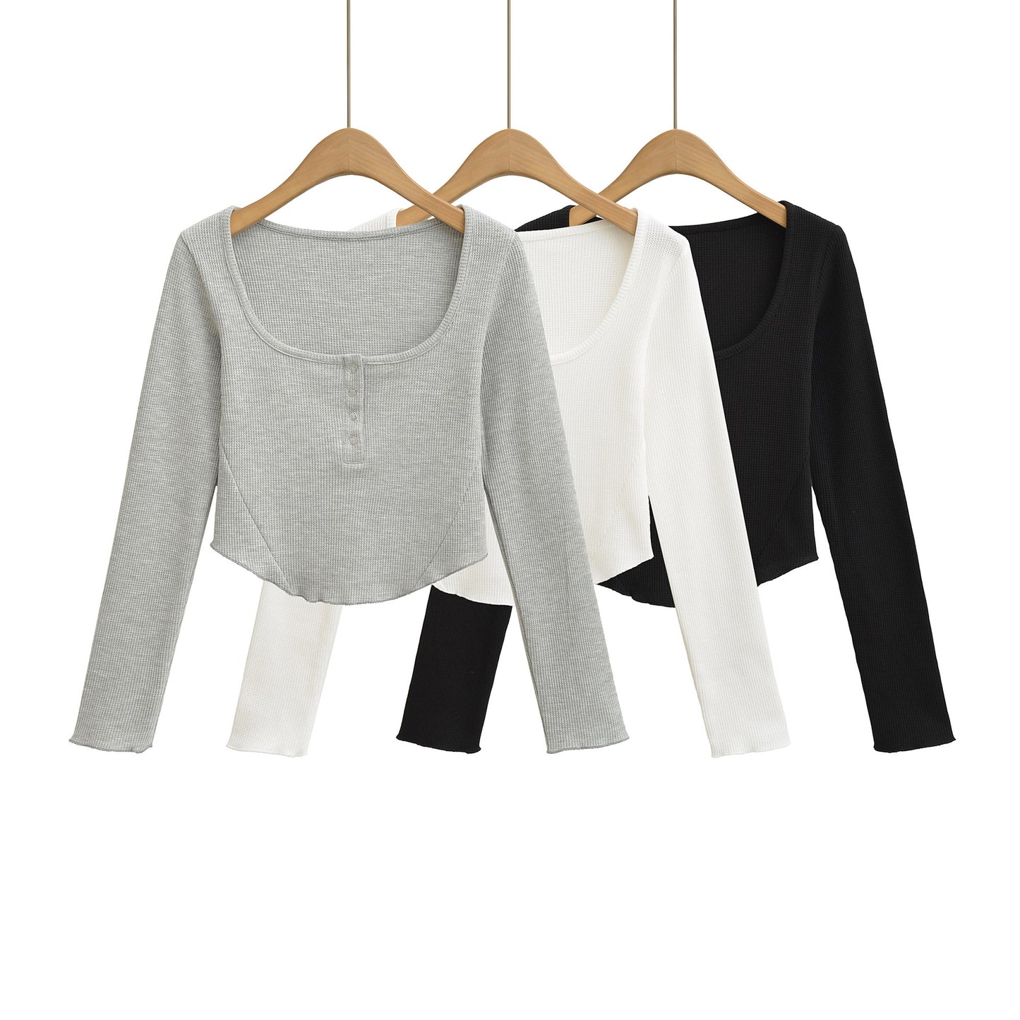 Front button display long sleeved short T-shirt
