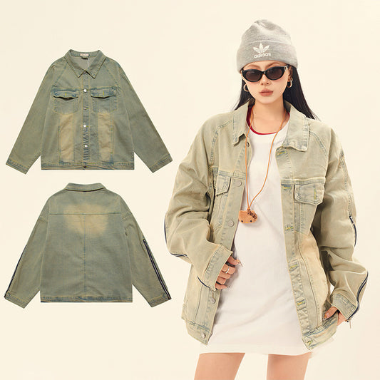 Washed and worn solid color zipper denim jacket