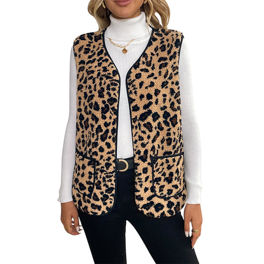 V-Neck Sleeveless Vest Women's Tank Top Leopard Print Open Cardigan Top