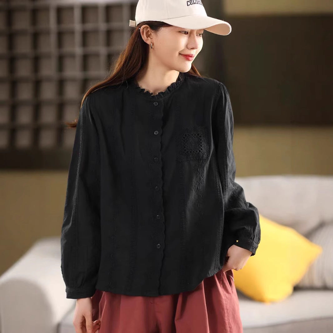 Vintage Embroidered Cotton Blouse Women's Literary Ruffled Collar Shirt Long Sleeve Top