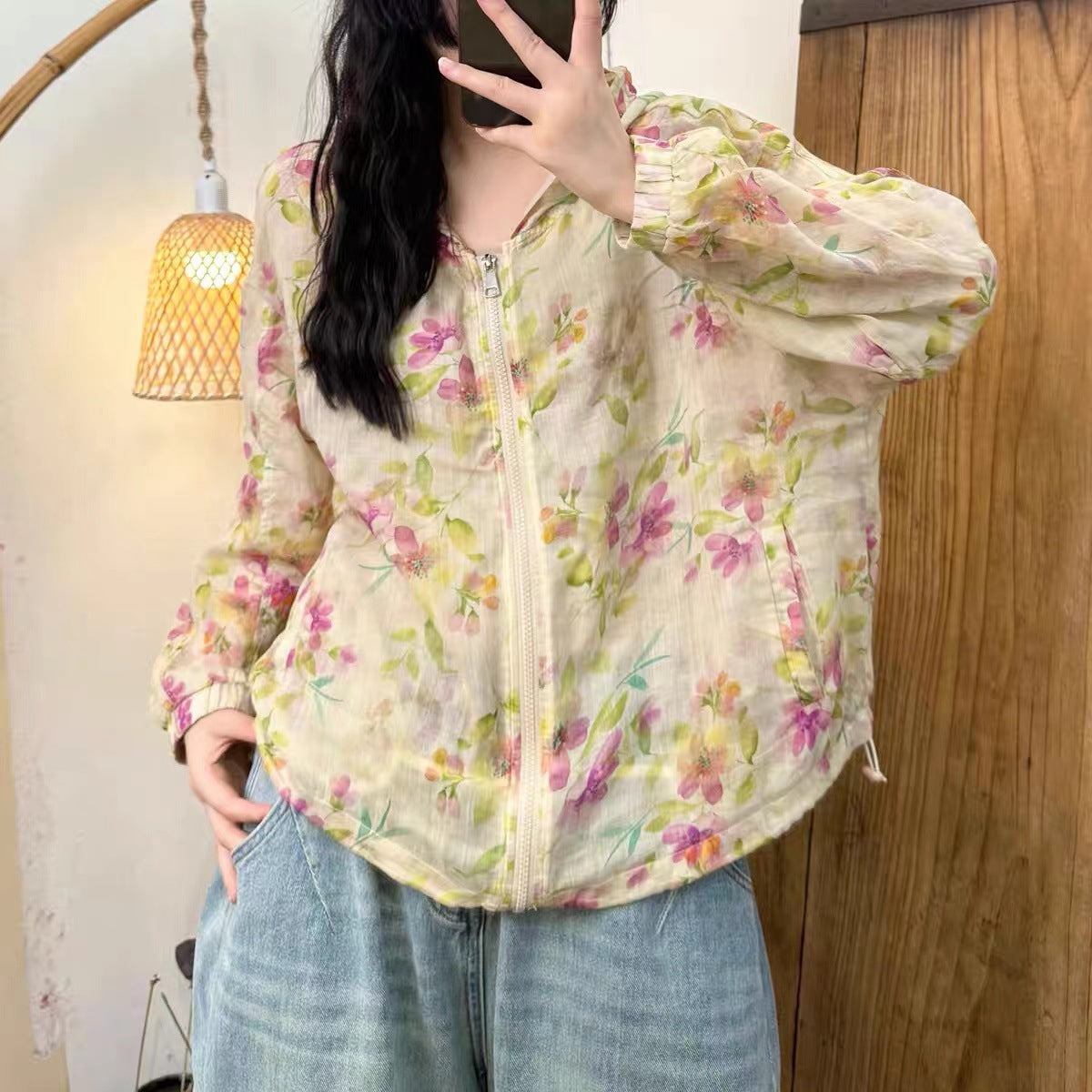All-Match Digital Print Design Zipper Hooded Ramie Sunscreen Jacket Women