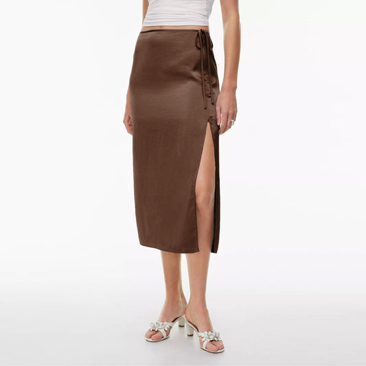 Women's Belted Skirt High Waist Slit Straight Skirt