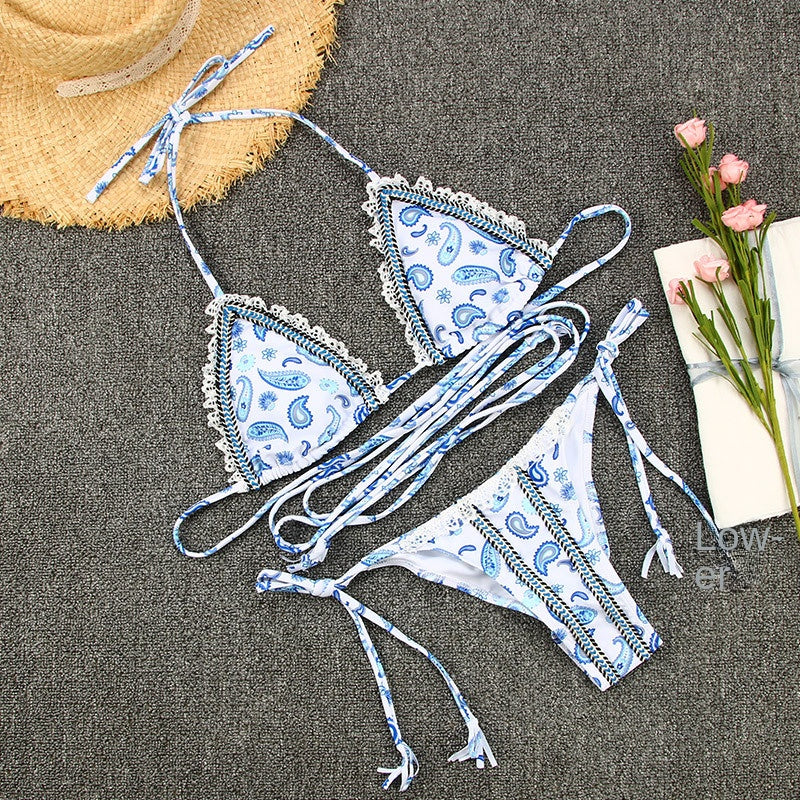 Cross-border Separated Swimsuit for Women European and American Style Sexy Webbing Splicing Lace-up Printed Bikini