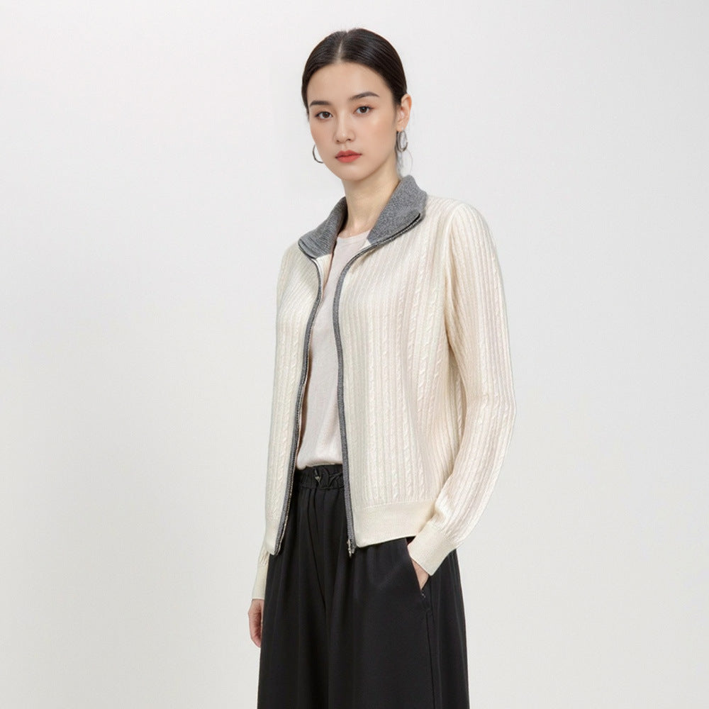Elegant Contrast Color Knit Cardigan Women's Versatile Comfortable Turn-Down Collar Long Sleeve Cable Knit Sweater Jacket