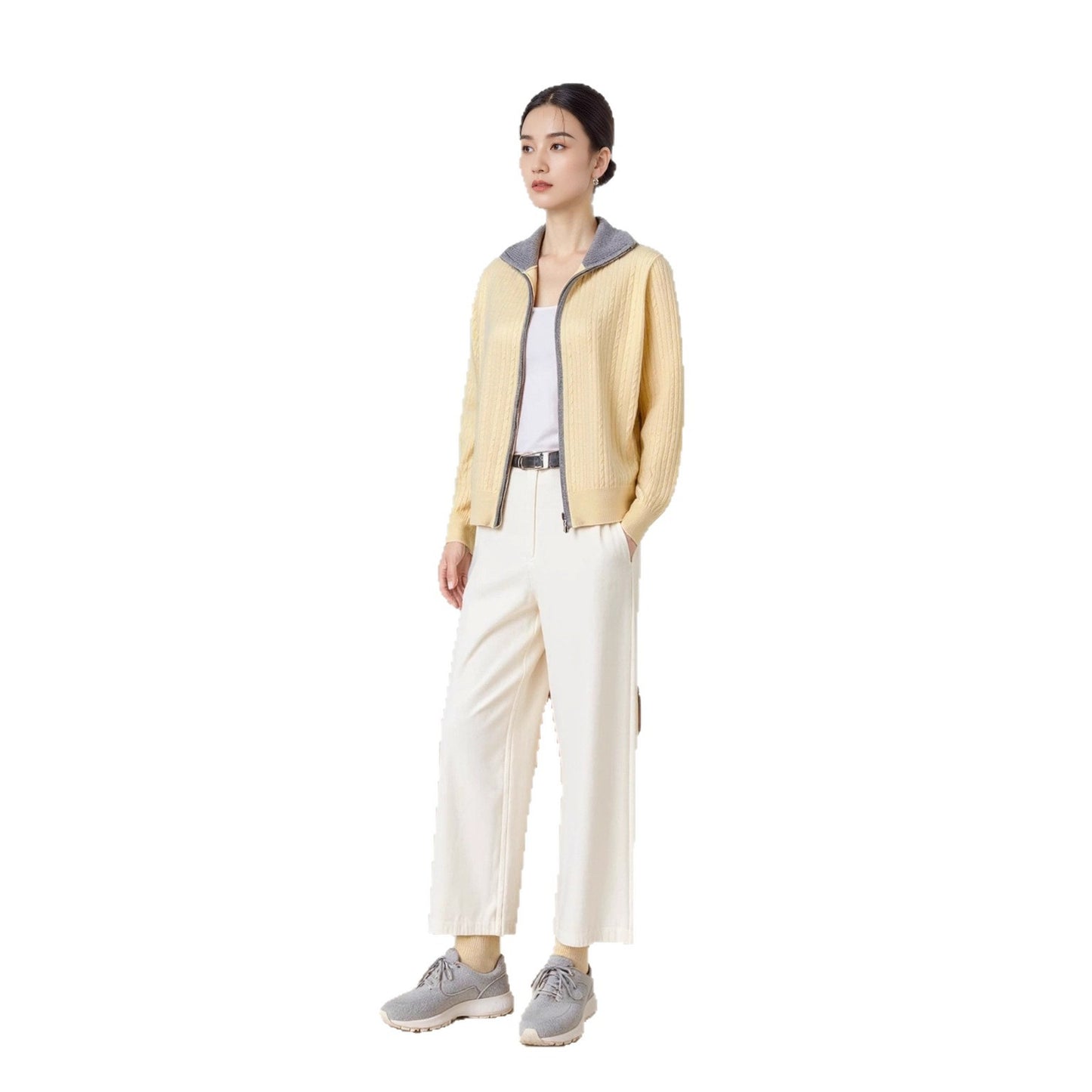 Elegant Contrast Color Knit Cardigan Women's Versatile Comfortable Turn-Down Collar Long Sleeve Cable Knit Sweater Jacket