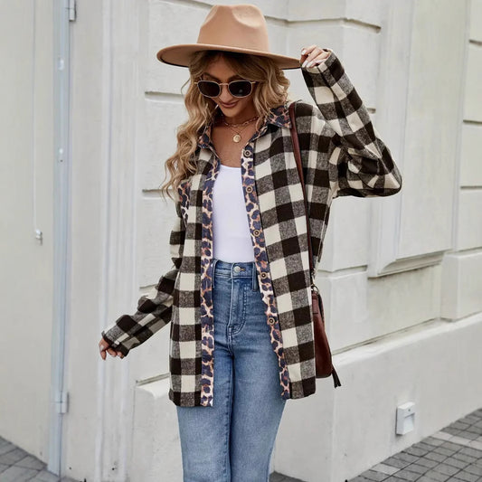 Autumn Houndstooth Leopard Print Contrast Color Plaid Long Sleeve Shirt Women's Clothing