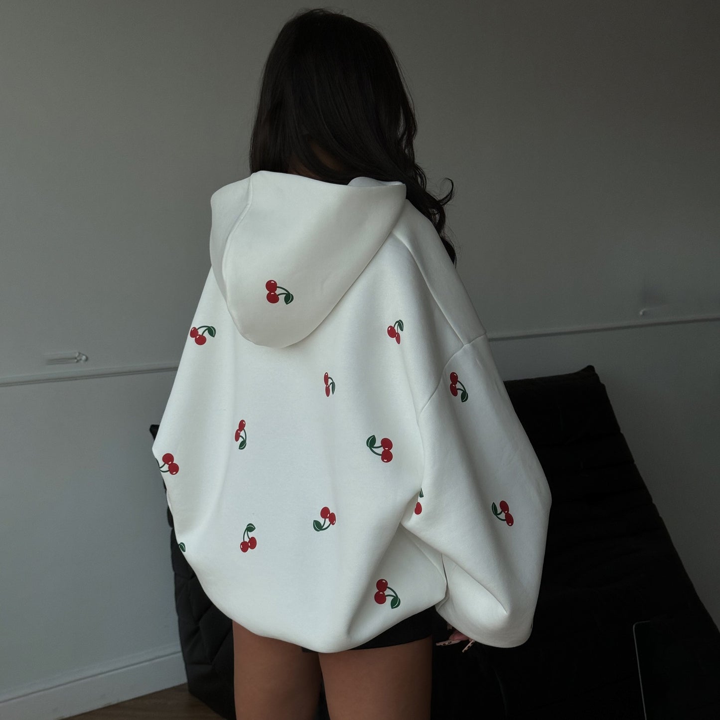 Cherry Print Hooded Zip-Up Sweatshirt Jacket Street Style Fashion Casual Women's Hoodie