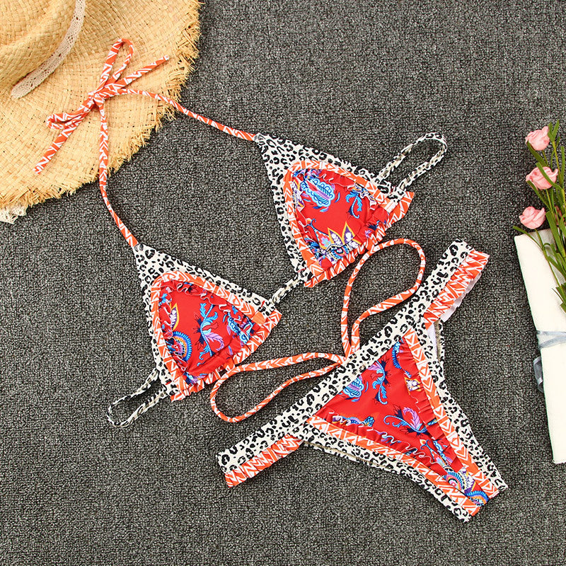 Cross-border Strap Separate Swimsuit for Women Sexy Splicing Backless Printed Bikini
