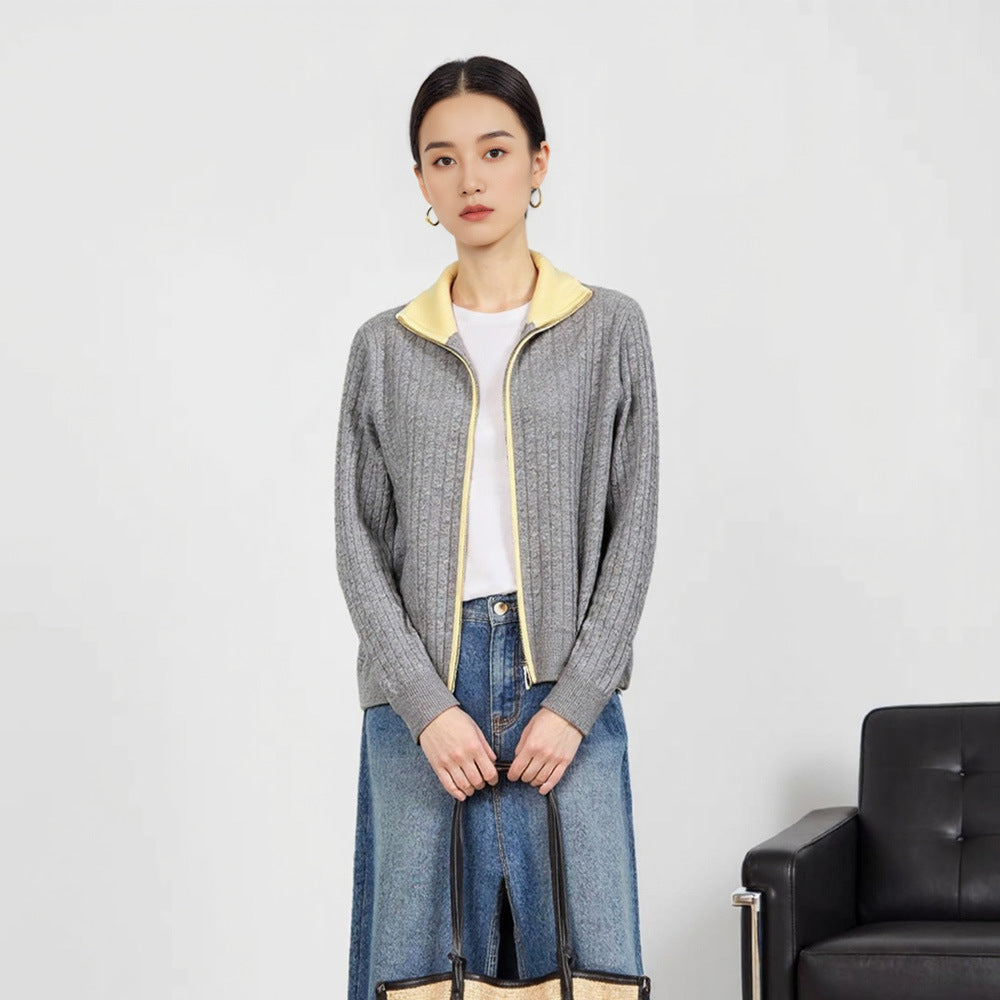 Elegant Contrast Color Knit Cardigan Women's Versatile Comfortable Turn-Down Collar Long Sleeve Cable Knit Sweater Jacket