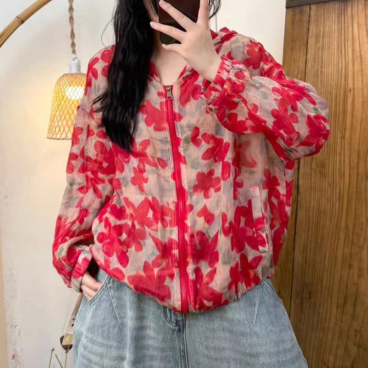 All-Match Digital Print Design Zipper Hooded Ramie Sunscreen Jacket Women