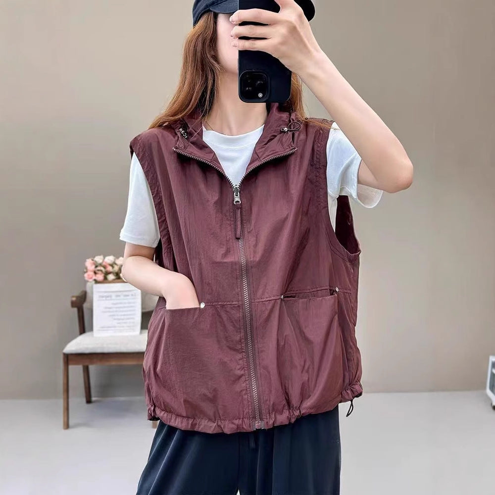 Spring and Summer Lightweight Breathable Outdoor Sports Casual Two-Way Wear Hooded Vest for Women Fashion Versatile Waistcoat Outerwear